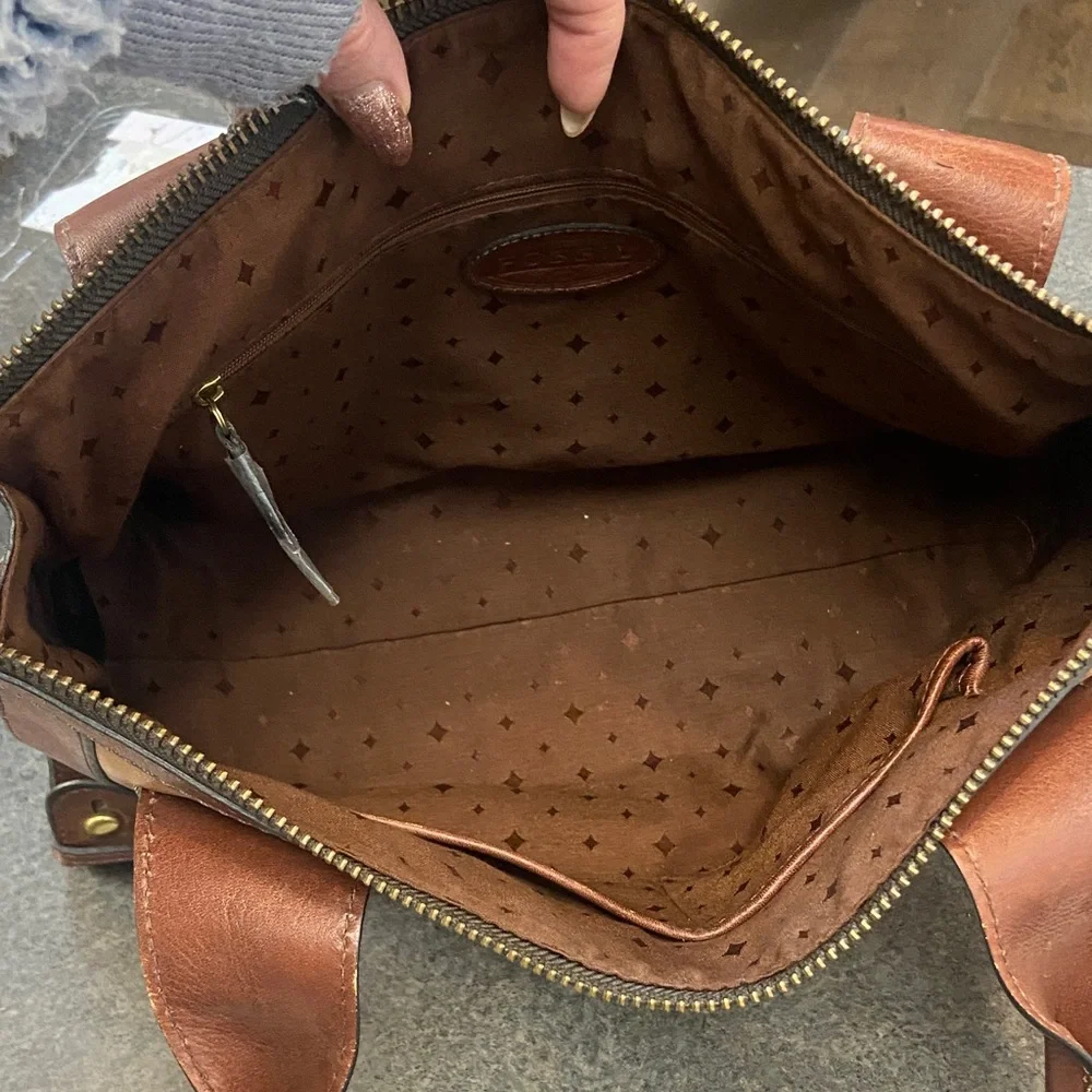 Fossil Two-Tone Tan and Brown Leather Satchel with Key Charm